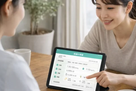 タブレットの画面を指さしてオンライン受診の療養計画書を見せる女性と画面を見つめる患者さん　自分に合った治療が進んでいると感じている