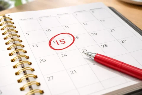 開いたスケジュール帳に赤い丸で囲んだ日付とペン　時間通りに予定が進む