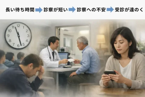 時間・場所・内容など診察にさまざまな不満を抱えている患者さん　　　　　負の連鎖で暗い雰囲気