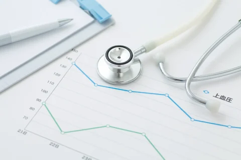 下の血圧と上の血圧に推移を載せたグラフ　聴診器や診察のカルテ